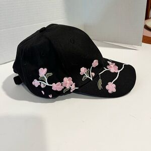 Black Baseball Cap with Pink Floral Embroidery